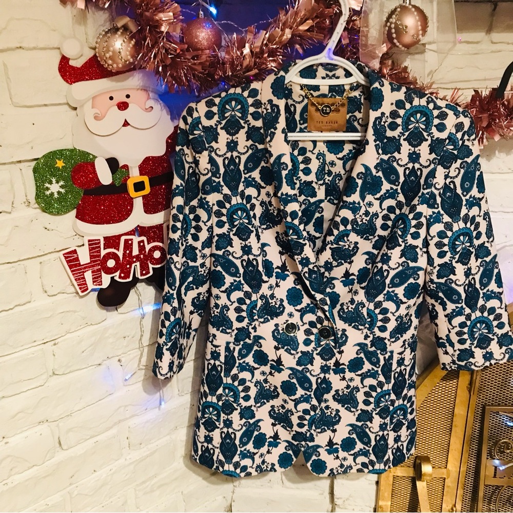 Ted Baker London Oram Paisley Blazer Jacket White and Blue Size US 6
